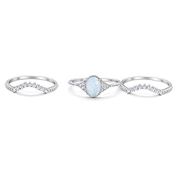 Three Piece Bridal Set Oval Round Lab White Opal Wedding Ring 925 Sterling Silver